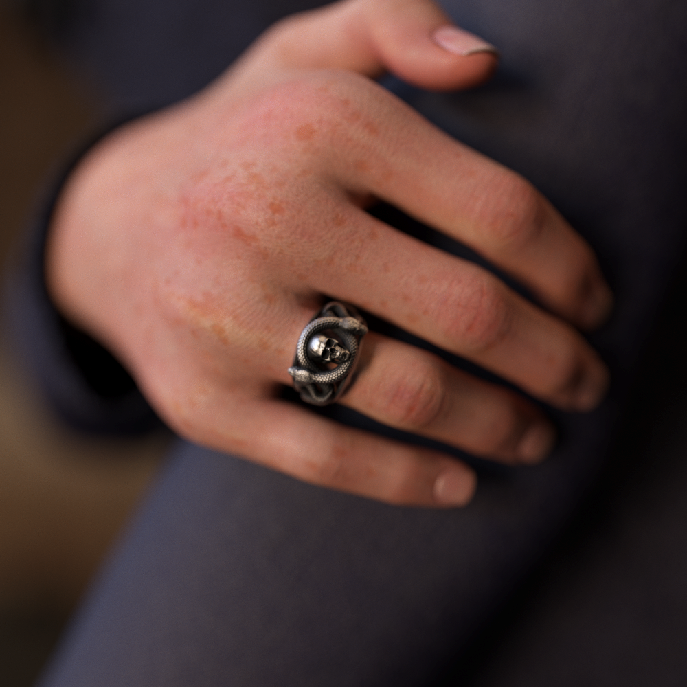 Double Headed Snake Skull Silver Ring