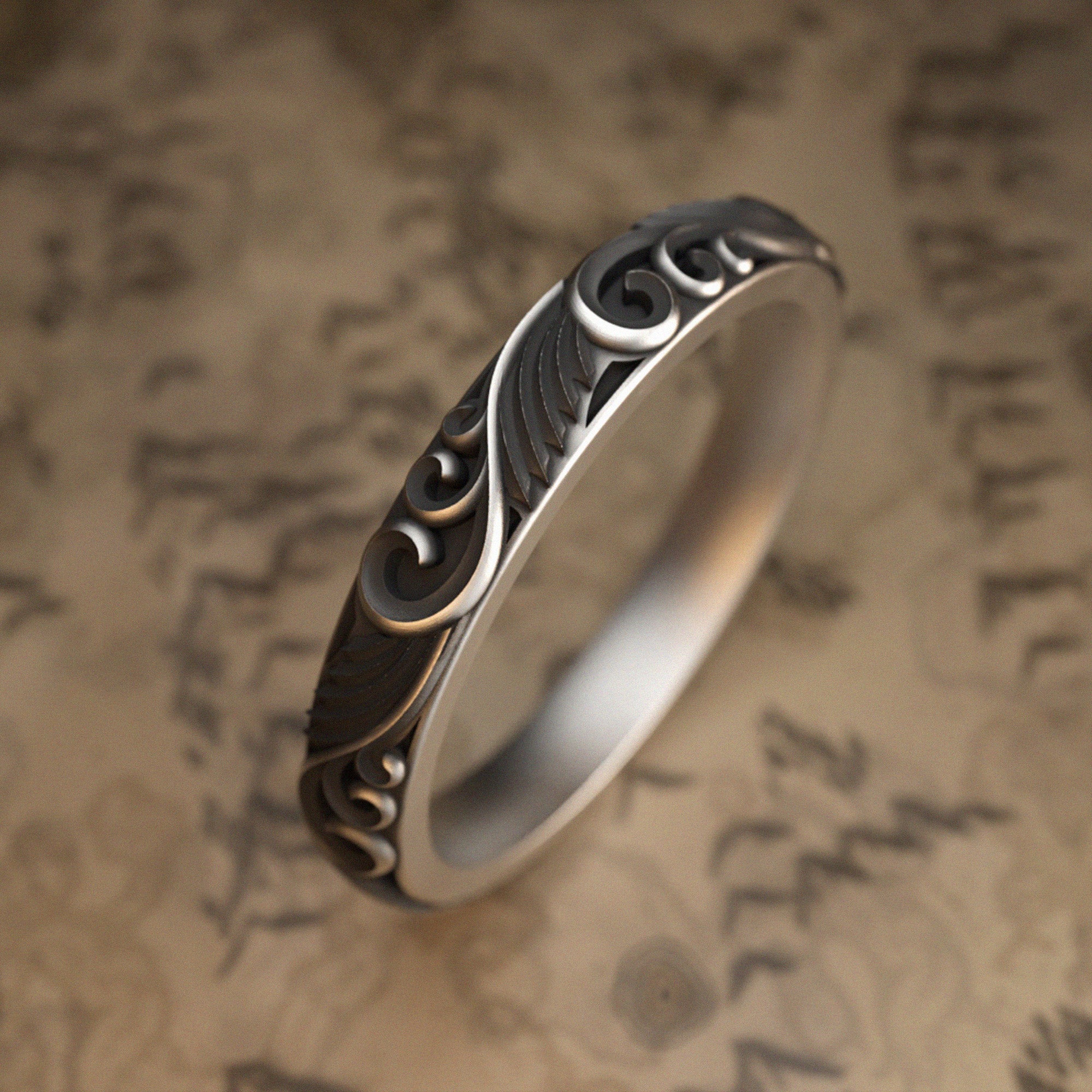 Carved Leaf Silver Ring