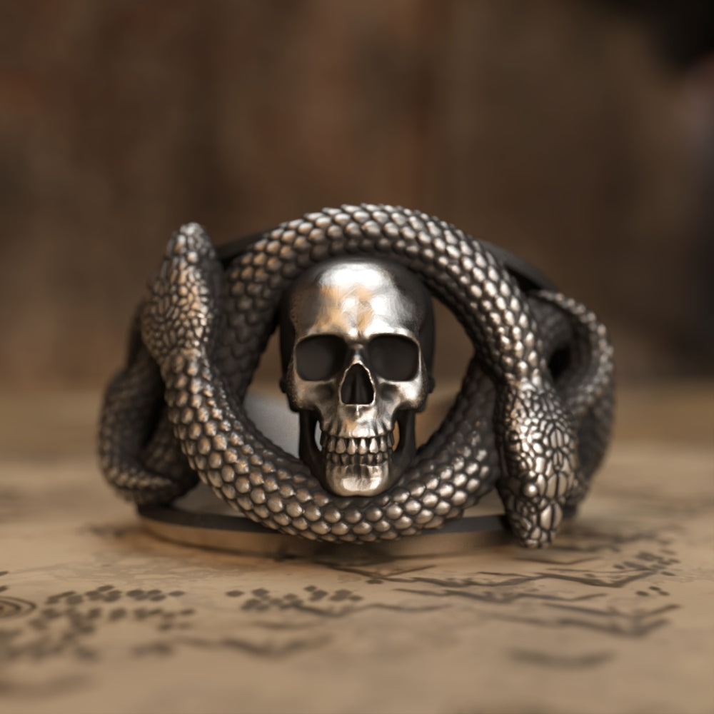 Double Headed Snake Skull Silver Ring