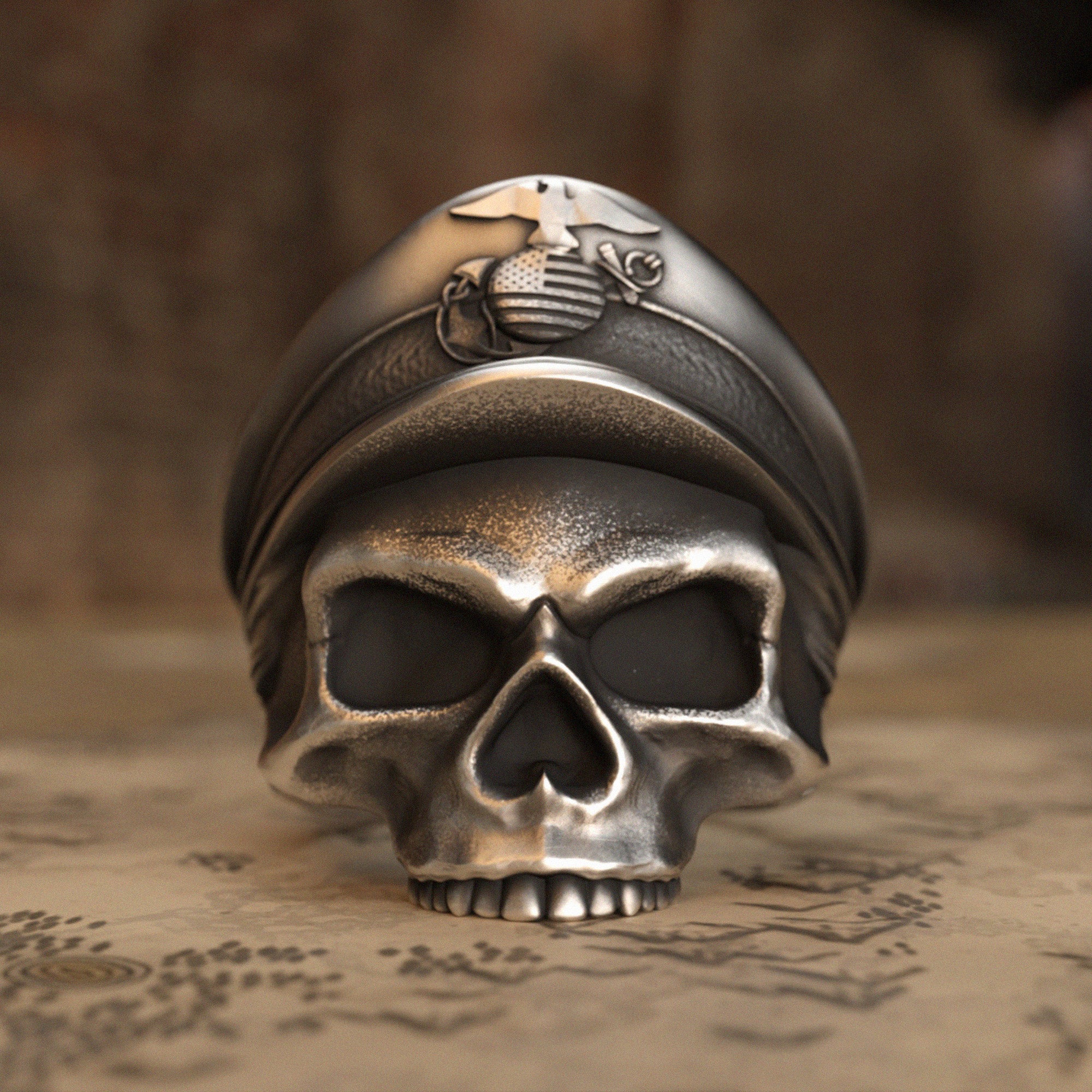 Marine Skull Silver Ring